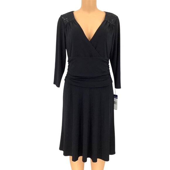Chaps Highland Black Dress Medium iWith Sequined Shoulders 3/4 Sleeves & Midi NW - Picture 1 of 10